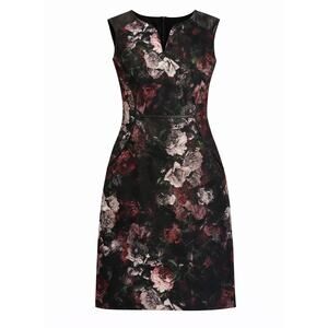 Joseph Ribkoff Red & Black Floral Sheath Dress w/ Faux Leather Accents - Size 6